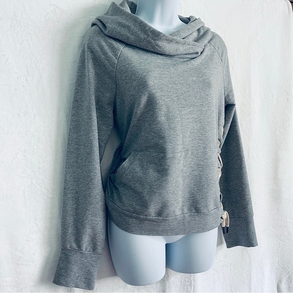 Asymmetrical Cowl Neck Hoodie with Side Tie Detail - Picture 3 of 8